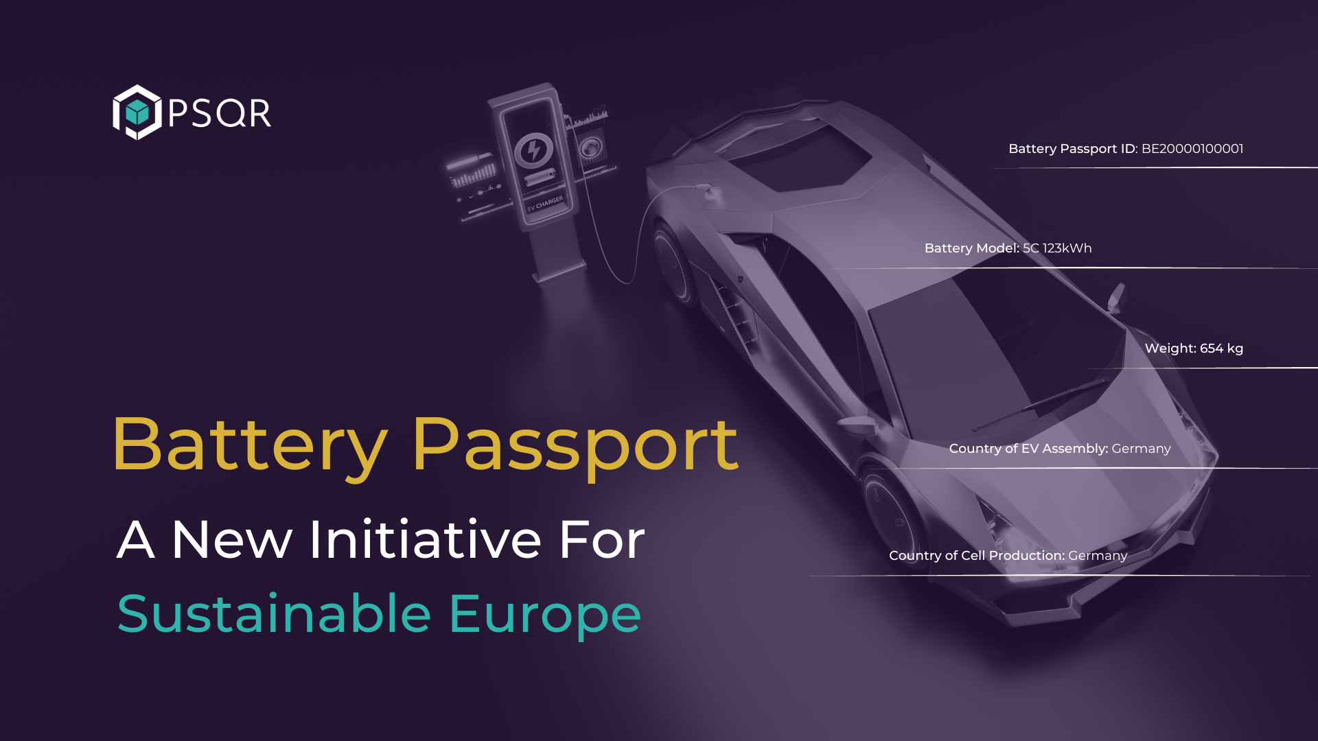 Feature image in purple with an electric vehicle charging at the station. Title: Battery Passport: A New Initiative for Sustainable Europe